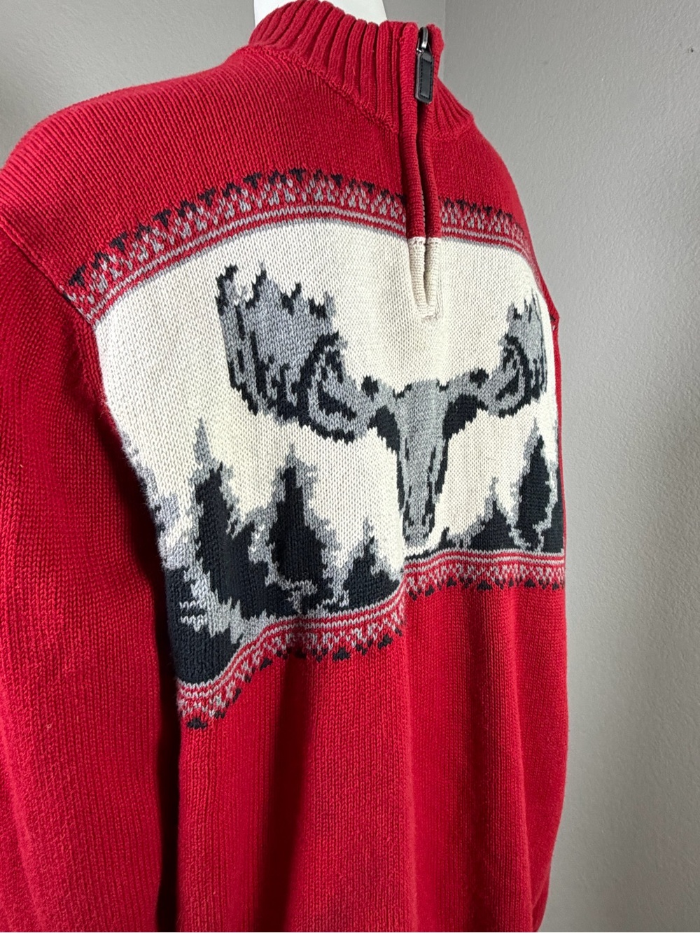 CHAPS Mens Fair Isle Moose Quarter Zip Sweater Red Nordic Ski Lodge Large - Picture 3 of 7